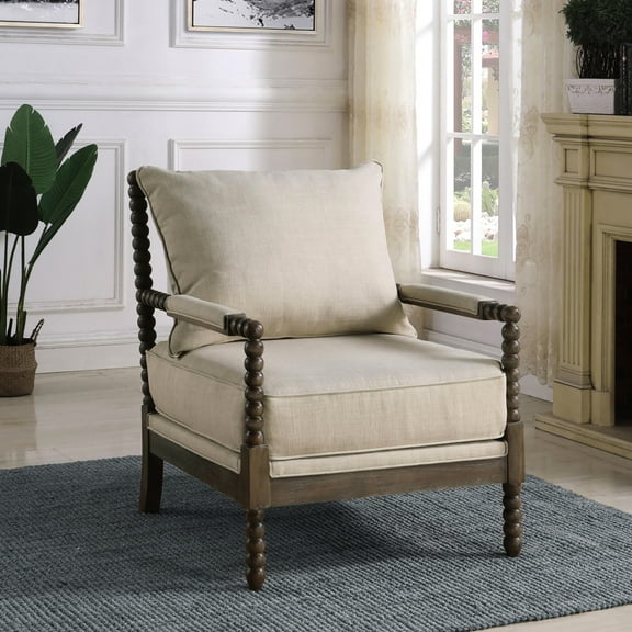 Brown Wood Accent Chair With Beige Seat - 38" Height X 34" Width 29.5" Depth Traditional Foam Filler 29.5