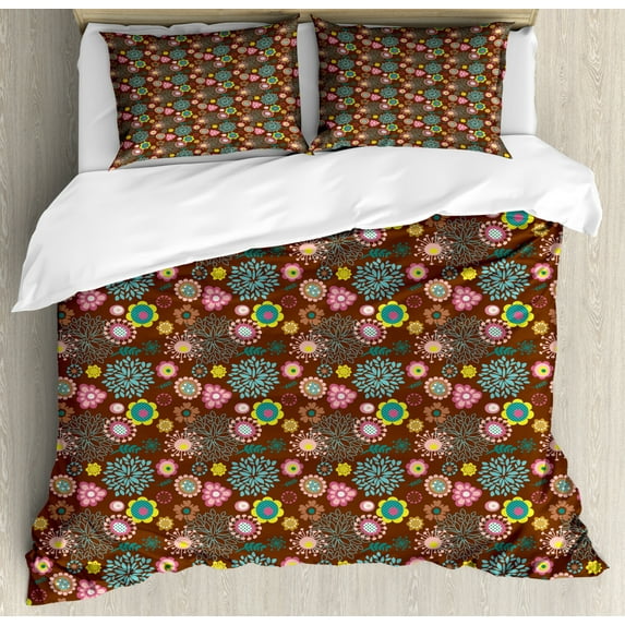 Folk Art Duvet Cover Set Queen Size, Artistic Illustration of Abstract Colorful Flowers Spring Thrill, Decorative 3 Piece Bedding Set with 2 Pillow Shams, Dark Rosewood and Multicolor, by Ambesonne