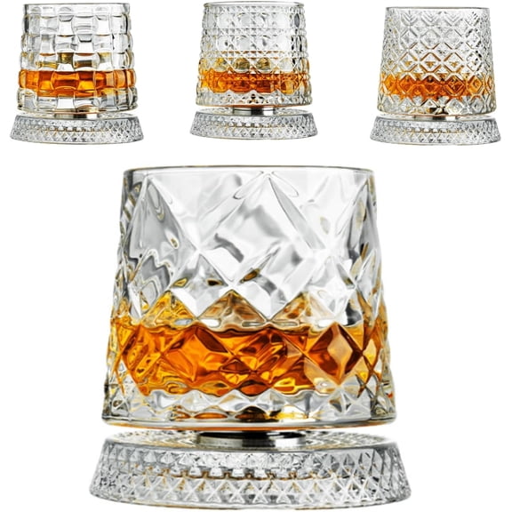 Spinning Whiskey Glasses, 360° Rotating Crystal Whiskey Tumbler Glass, Enhanced Aroma Experience, Elegant Carving Texture, 360 Degree Rotating Whiskey Glass For Rum,Cocktail,Brandy,Coffee
