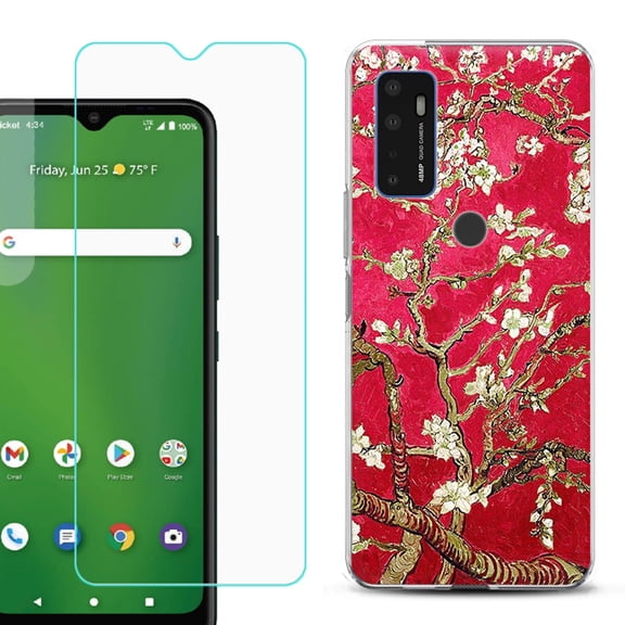 Slim-Fit Gel TPU Phone Case for Cricket Dream 5G, with Tempered Glass Screen Protector, by OneToughShield ® - Almond Blossom Red