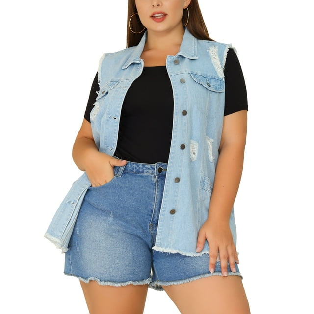Agnes Orinda Gilet en Jean pour Femme Grande Taille Ourlet Brut Sans Manches Veste en Denim Mode 1X Bleu Ciel Déchiré