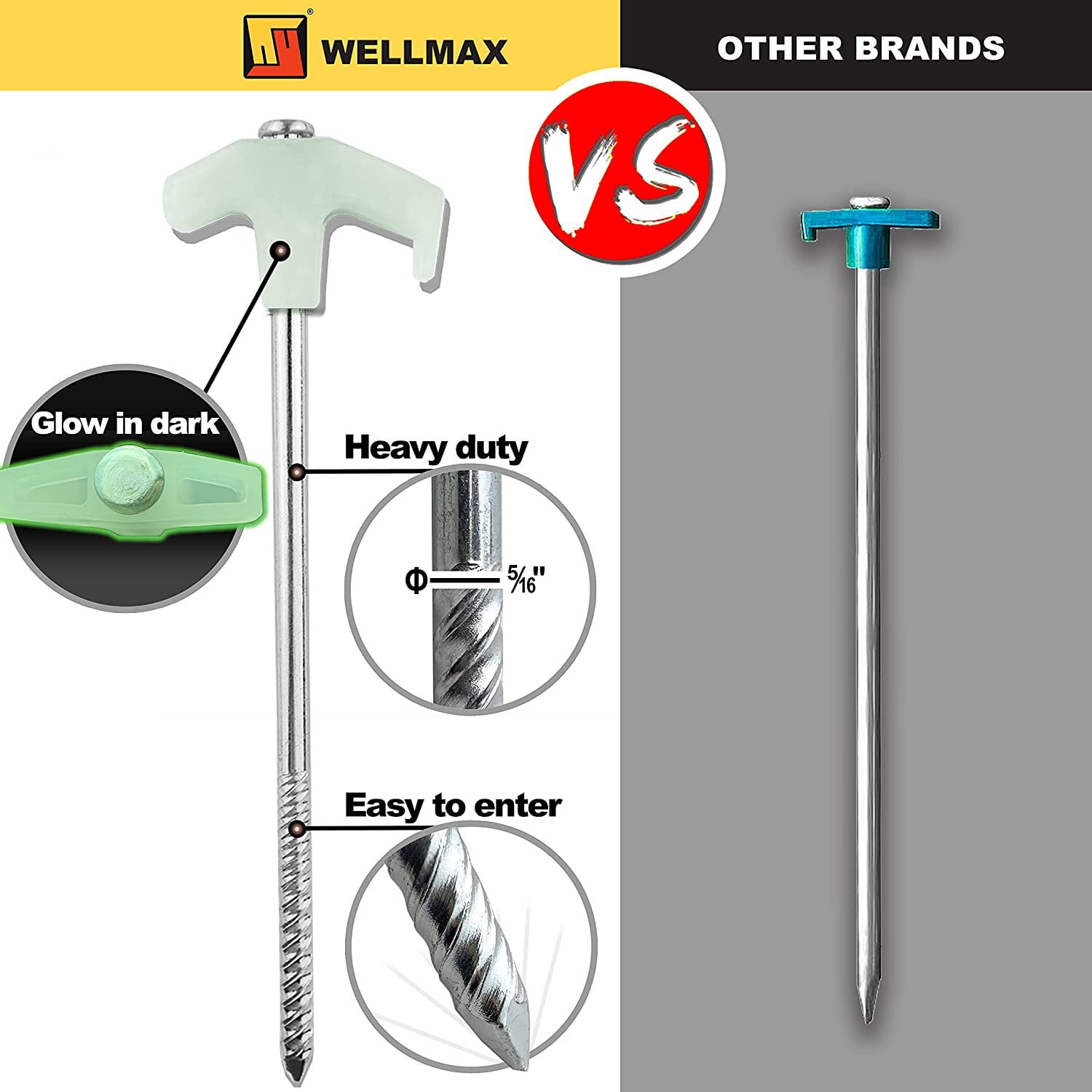 Wellmax 10PC Tent Stakes Heavy Duty with 2 Pack Glow in Dark Polypropylene Rope 3/16" x50ft and 1/4" x50ft