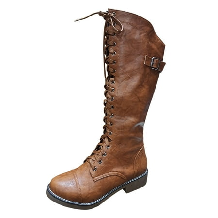 

Jungdeepe Fashion Women Leather Embroidery Flowers Autumn Thick Sole Square Heels Lace Up Mid Booties Round Toe Shoes Women Western Boots Tan Knee High Flat Boots for Women Wide Calf Inexpensive
