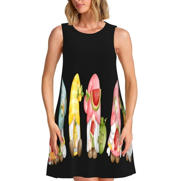 Bixox Hello Summer Gnome Print Women's Sleeveless A-Line Dress with Pockets, Casual Knee-Length Tank Dress for Summer-X-Large