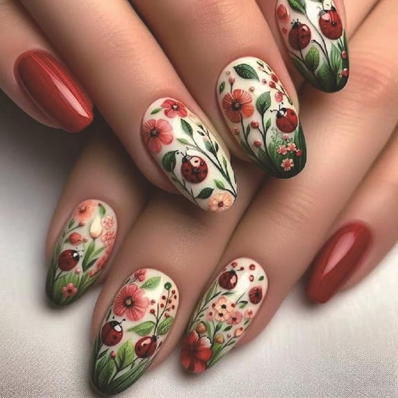 JZROCKER Short Press on Nails Floral Artificial Nails False Nails with Flower Designs Oval Glossy Stick on Nails for Women