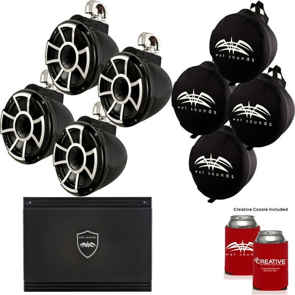 Wet Sounds Two Pairs of Black REV 10 Swivel Clamp Tower Speakers with Wet Sounds Suitz speaker Covers & SD2 Amplifier