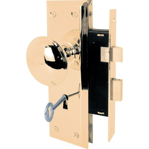 Mortise Lock Set, 2-3/8 in. Backset, Case Hardened Steel, Polished Brass, Reversible