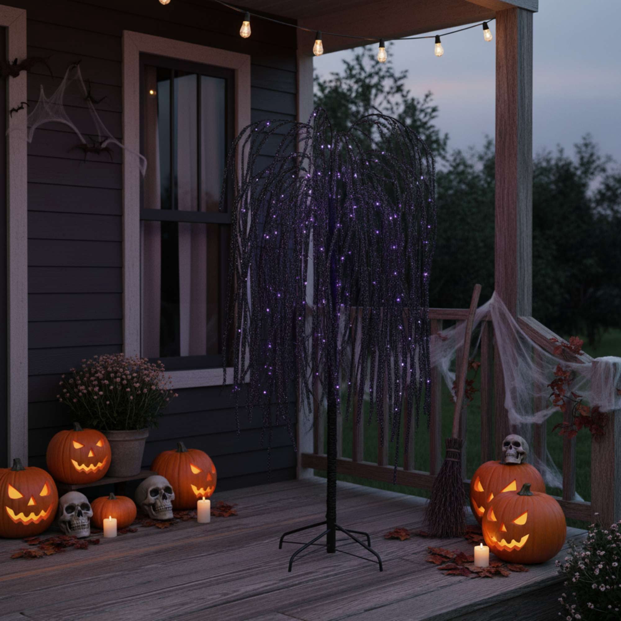 6 ft Black Willow Tree with Orange and Purple LED Lights for Outdoor Halloween Decor