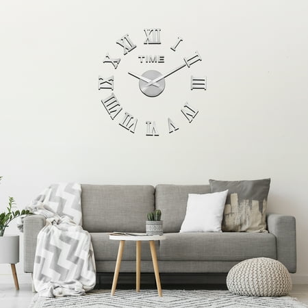 Uxcell 50-70cm Modern Frameless DIY Wall Clock, Large Mirror Acrylic Roman Numeral, Oversized Vintage Clock with Traceless Hook & Self-Adhesive Installation for Home Decor, Silver
