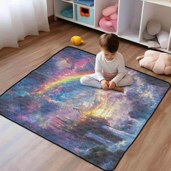 WOBOGO Rainbow Fairyland Baby Playmats Extra Large Waterproof Rollable Activity Pads for Toddlers 50×50inch