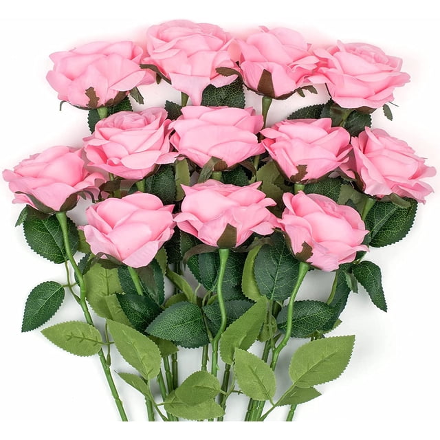 Mocoosy 12PCS Pink Roses Artificial Flowers for Decoration, Pink Fake Silk Roses Single Stem