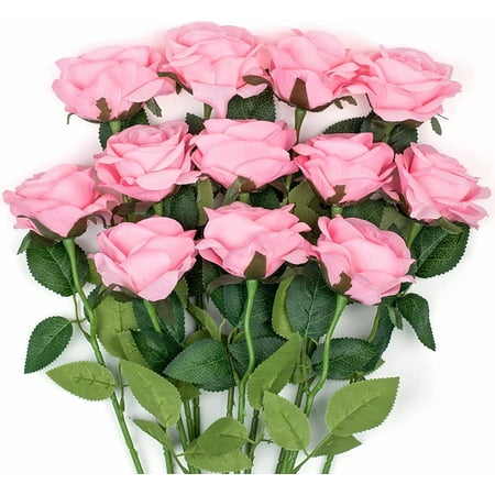 Mocoosy 12PCS Pink Roses Artificial Flowers for Decoration, Pink Fake Silk Roses Single Stem Flowers Artificial Bouquet for Wedding Valentines Birthday Party Arrangment Centerpiece Home Table Decor