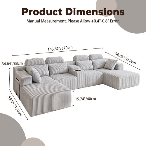 145.7 Inch Oversized U-Shaped Modular Sectional Sofa with Lounge Chaise, Cup Holders & Hidden Storage - Compression Sofa for Home Theater & Luxury Living Room, Gray