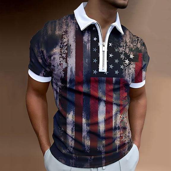 Patriotic Shirts for Men Casual American Flag Zip Up Golf Polo Shirt July 4th Independence Day Clothes