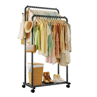Sakugi Clothes Rack, Double-Rod Garment Rack with Hooks & Mesh Shlef, Versatile Clothing Racks for Hanging Clothes, Hats, Bags, Portable Hanger for Bedroom, Laundry, 32.7"×16.5"×59.1", Black