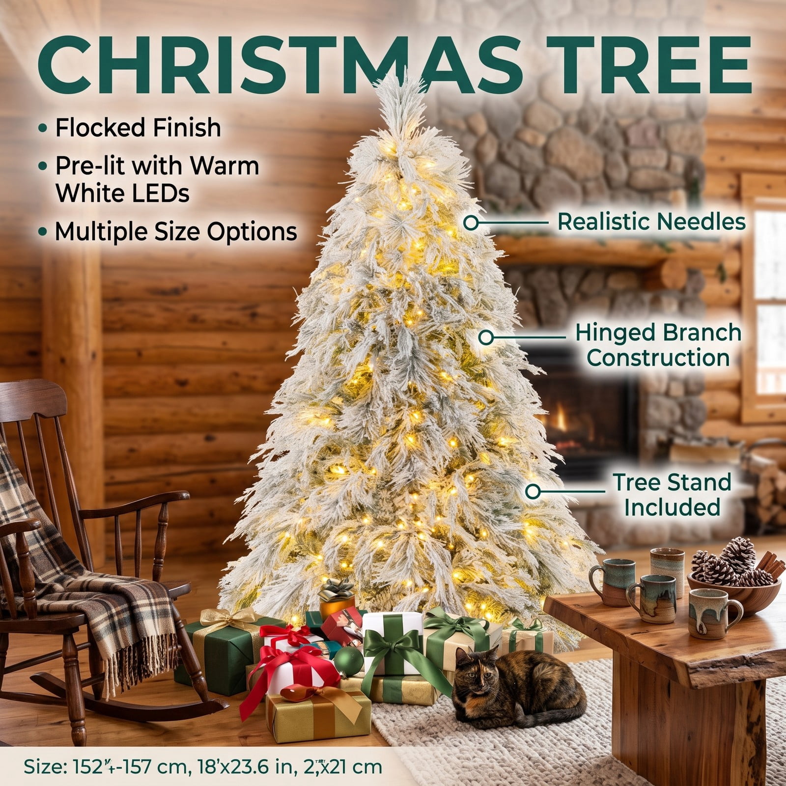 RUIE 6 FT Pre-Lit Snow Flocked Artificial Christmas Tree with 250 Warm White LED Lights, Hinged Xmas Pine Tree with Metal Stand for Home Office Holiday, White & Green