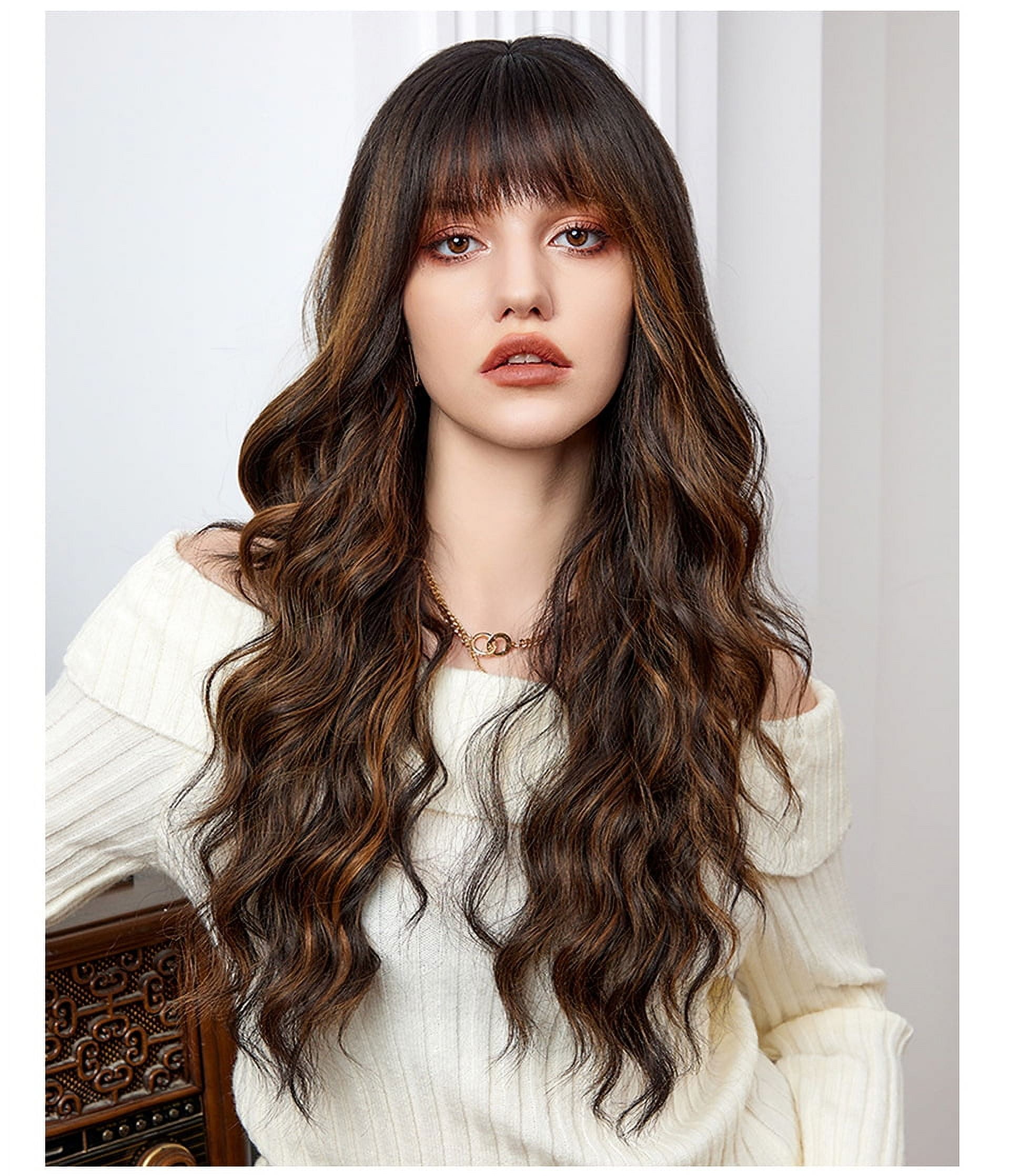 Long Curly Brown Highlight Wigs With Bangs Wig for Women Synthetic Hair Wig for Party Cosplay Daily Use -26 inches