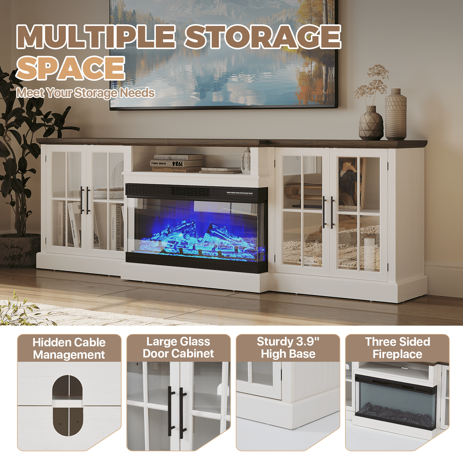 BaPiPro 98" Farmhouse TV Stand with Fireplace for TVs up to 100", Black Fireplace TV Stand Media Entertainment Center with Large Storage Cabinets for Living Room, White