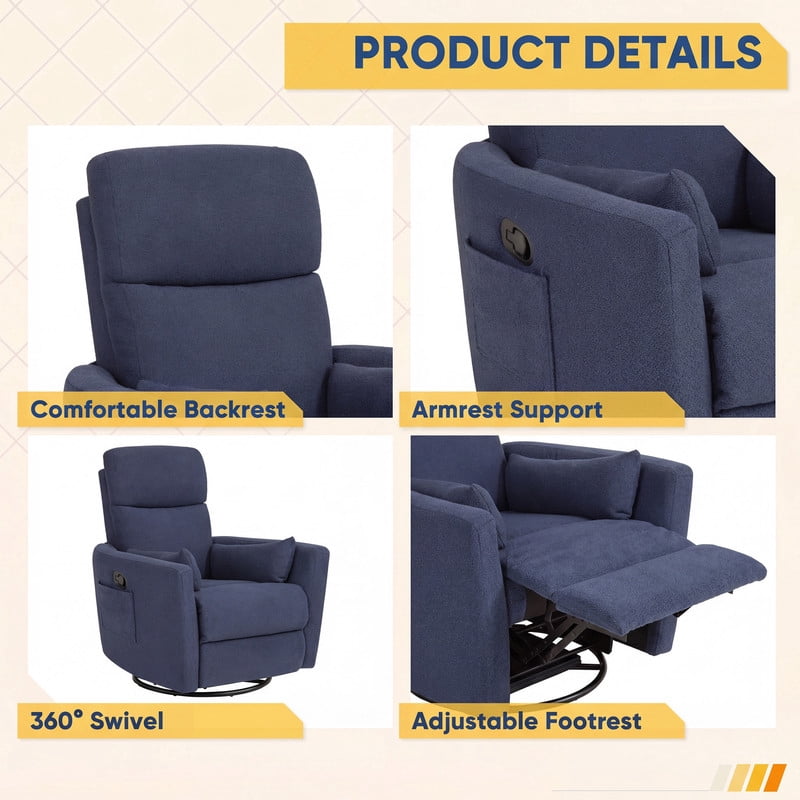 Furmax 360° Swivel Recliner Power Massage Rocker Chair Adult Glider Rocker with 2 Comfy Pillows for Nursery,Loop Yarn Blue