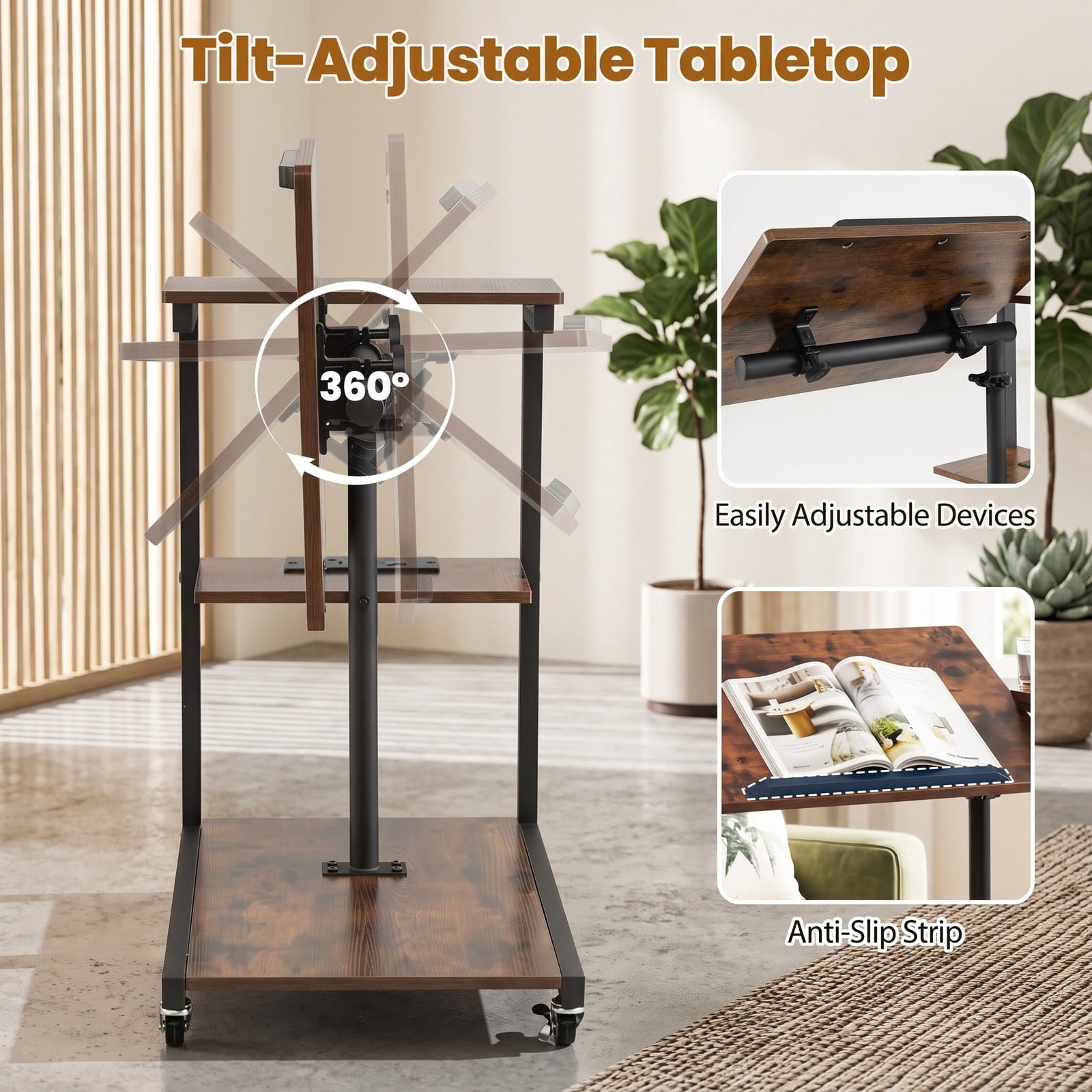 Furnibear 3-Tier Mobile Couch Side Table with Charging Station, Height Adjustable C-Shaped Sofa End Table with Tiltable Tabletop, 2 AC Outlets, Rustic Brown & Black