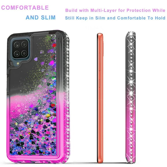 Samsung Galaxy A41 5G Case,  Liquid Floating Glitter Quicksand Bling with Spot Diamond Cover - Black/Pink