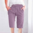 thumbnail image 2 of Fashion Womens Casual Solid Color Waist Elastic Loose Straight Wide Leg Half Shorts Pants With Pocket Women's 5" Inseam Drawstring Linen Blend Short (Available in Plus Size), 2 of 5