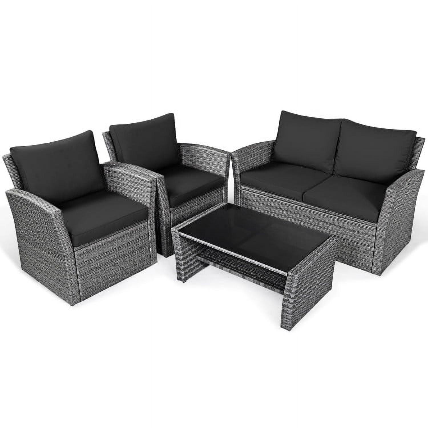 Aimee Lii 4 Pieces Wicker Patio Furniture Set Sofa Table with Storage Shelf Cushion, Modern Patio Furniture, Black Aimee Lii 4 Pieces Wicker Patio Furniture Set Sofa Table with Storage Shelf Cushion, Modern Patio Furniture, Black