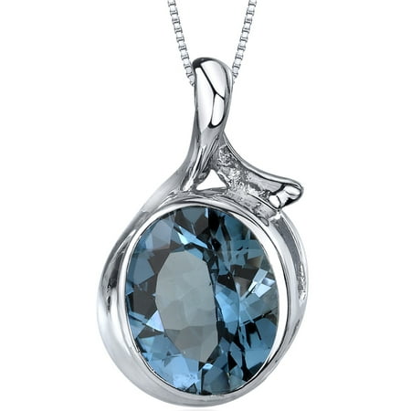 Peora 5.00 Ct Oval Cut London Blue Topaz Rhodium-Plated Sterling Silver Pendant, 18