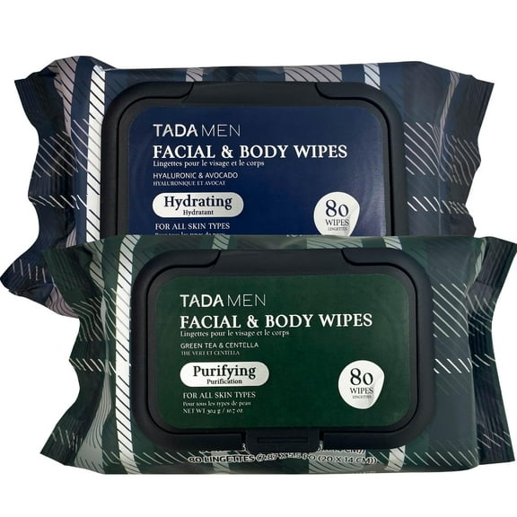 TADA Men - 2PK Face Wipes for Men & Body Wipes for Adults No Rinse, Face Cleansing Wipes & Body Cleansing Wipes for Adults Bulk Gym, Running, &Outdoor Activities - Green Tea & Hyaluronic
