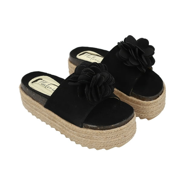 Sandalia Plataforma Yute Para Mujer Negro Con Flor Platonia MIRANDA-05-NEGRO