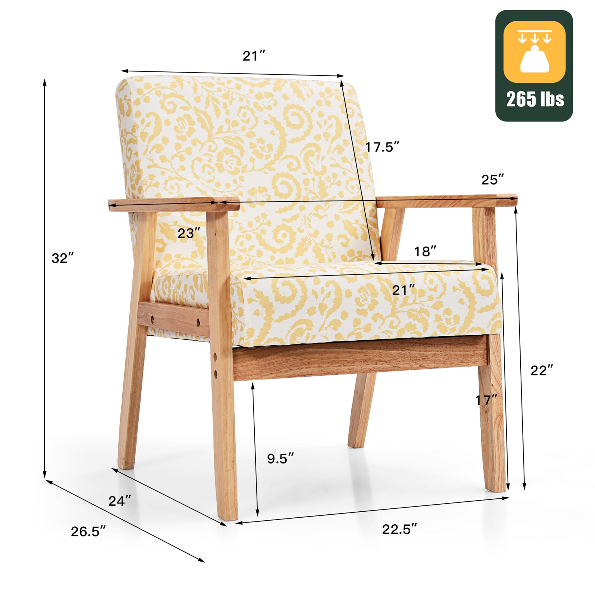 Gymax 2PCS Home Office Accent Armchair Upholstered Chair w/ Wooden Frame Yellow
