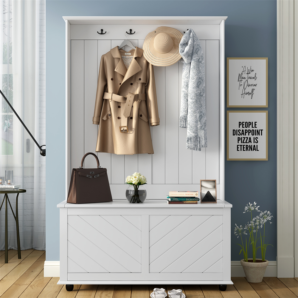 Modern Hall Tree with 4 Hooks, Wood 3in1 Design Entryway Bench