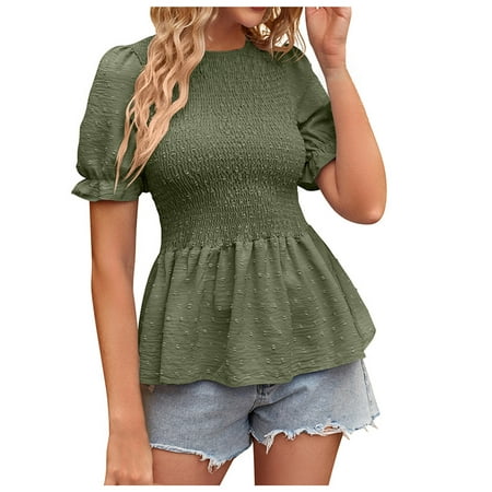 

Dianli Corset Tops For Women Swiss Dot Print Tunic Round Neck Short Sleeve Summer T-Shirts Beach Loose Casual Empire Waist Flowy Ruffle Blouses Tops Army Green M