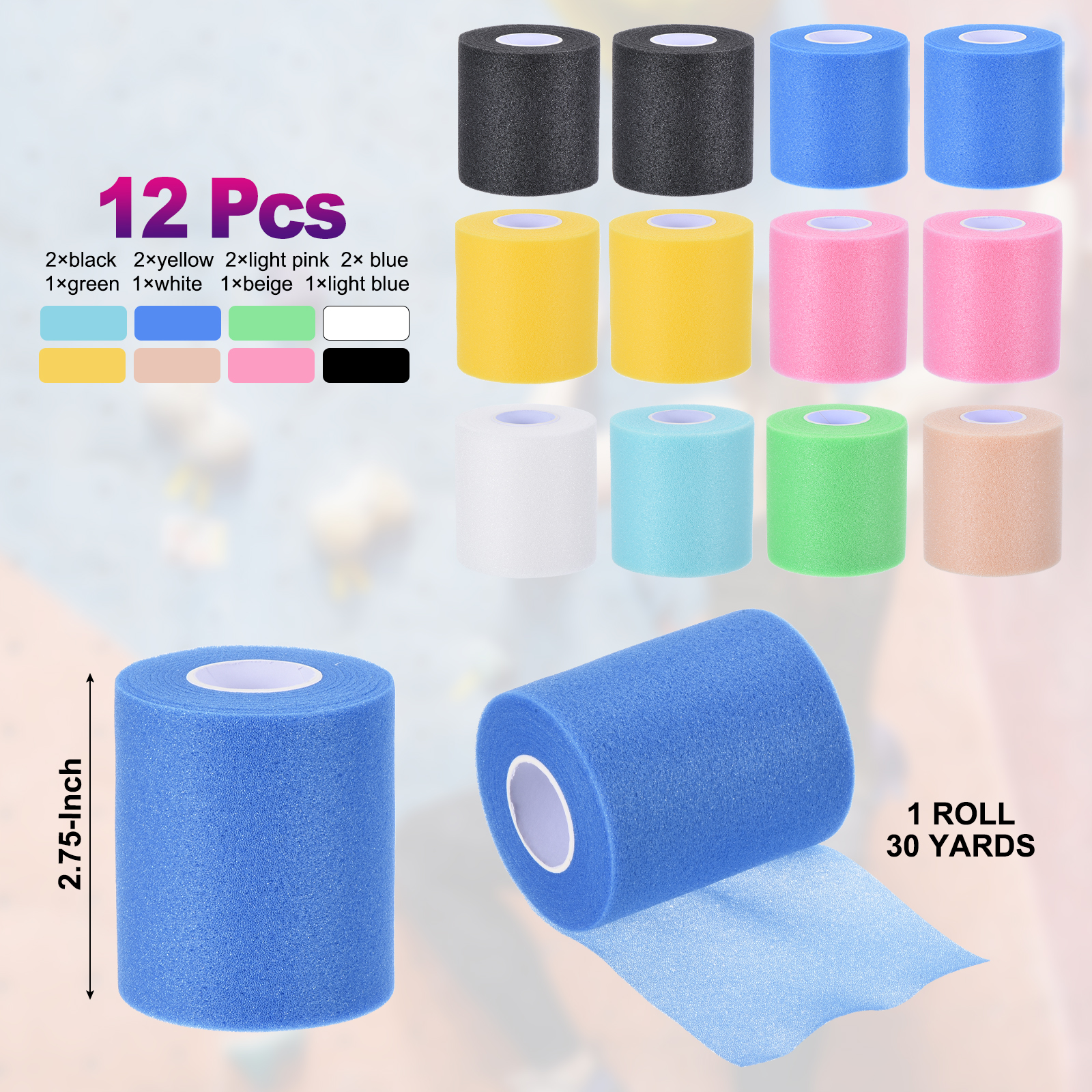 30 Yard Foam Sports Pre-Wrap Breathable Athletic Pre-wrap Tape for Hair Ankles Wrist, 8 Colors 12 Pack