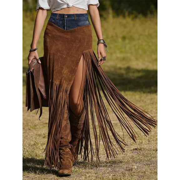 Women's Western Fringe Skirt, High Waist Side Slit Tassel Maxi, Boho Chic Slimming Stretchy Casual, Holiday Party Gown Women