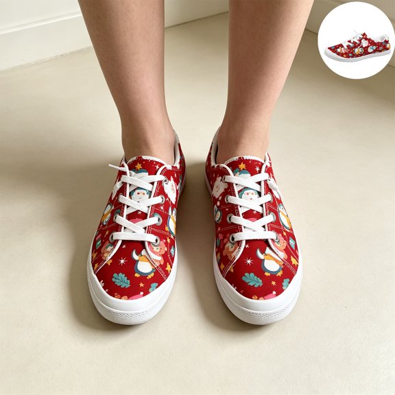 Willtoo Women’s Christmas Print Canvas Sneakers, Low Top Lace Up Holiday Casual Shoes Lightweight Non Slip Walking Footwear