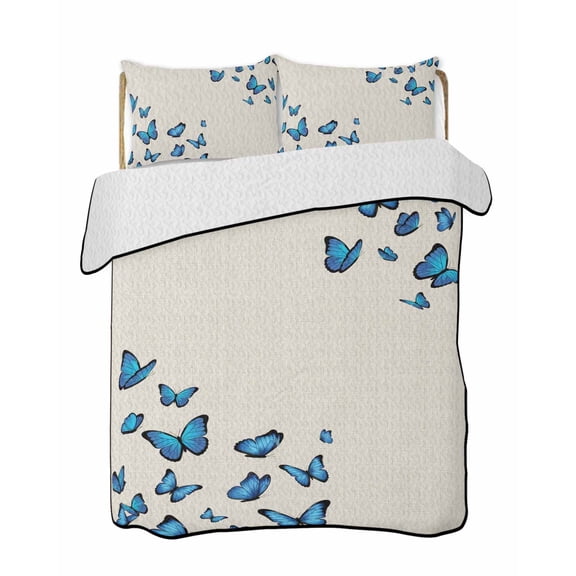 Quilts King Size Bedding Set, Blue Butterfly Lightweight Quilted Comforter, Vintage Country Gradient Butterflies Soft Reversible Bedspread Coverlet with Pillow Covers for All Season, 96" x 106"