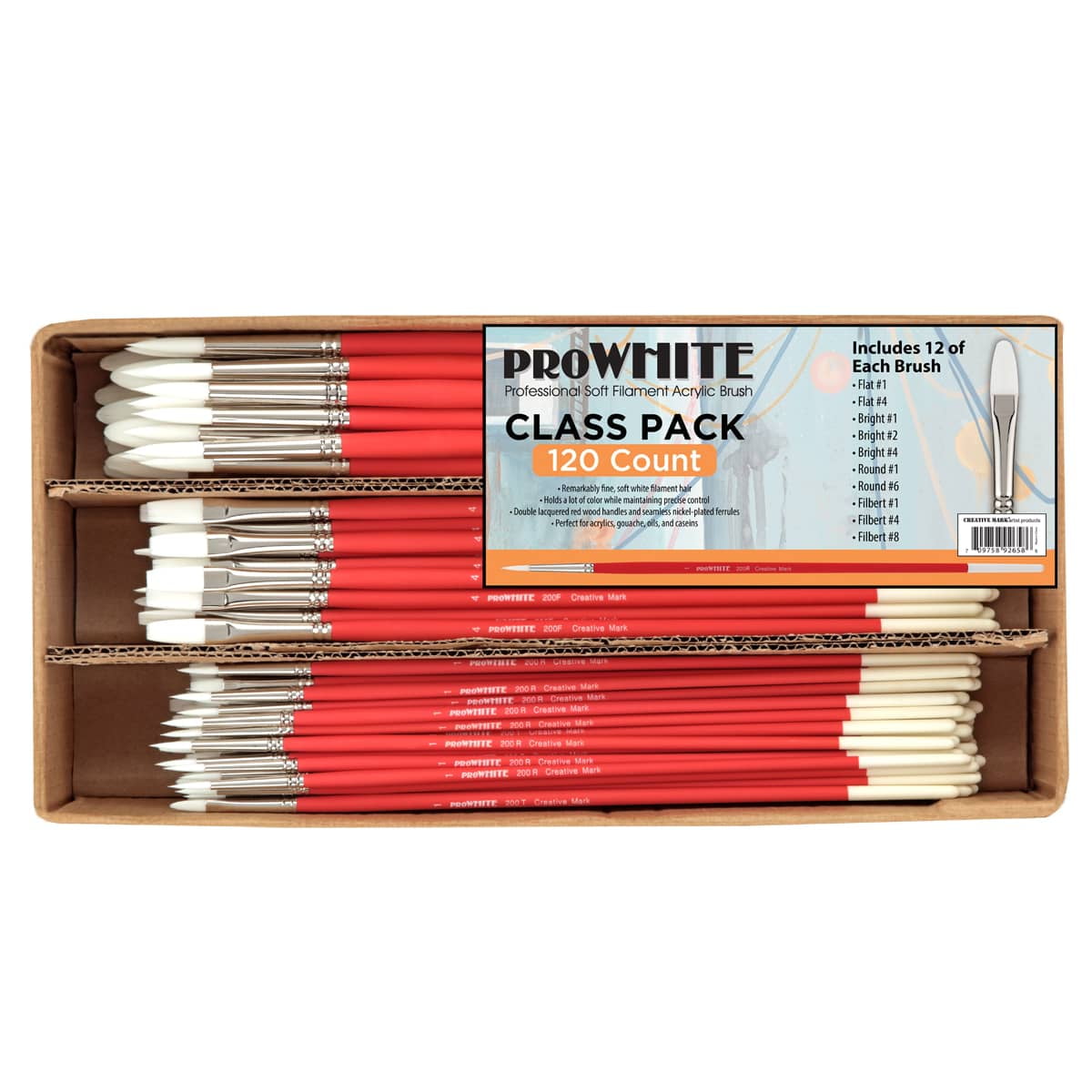 Creative Mark Pro White Soft Filament Acrylic Paint Brushes - Bulk Pack of 120 Assorted - Versatile Synthetic Brushes for Acrylic Painting , Gouache, Oils & Caseins