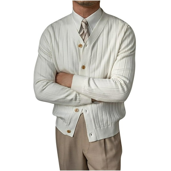 ZCFZJW Men's Knitted Ribbed V Neck Sweater Cardigan Fashion Fall Lightweight Button Up Regular Fit Sweater Ribbed Long Sleeve Casual Sweaters White XL
