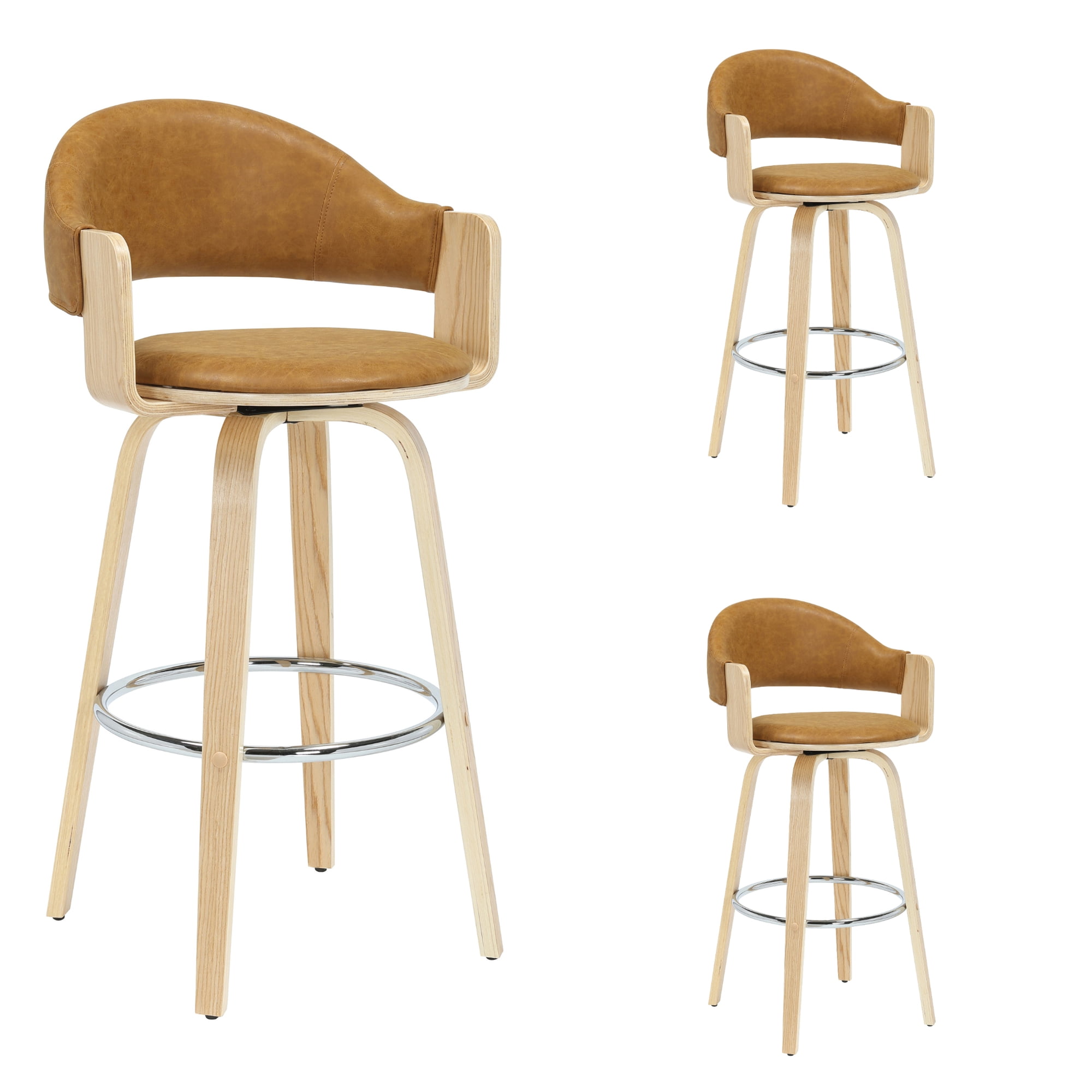 Daxton 40 in. H Swivel Bar Height Camel Round Back Wood Bar Stool with Faux Leather Seat Set of 3