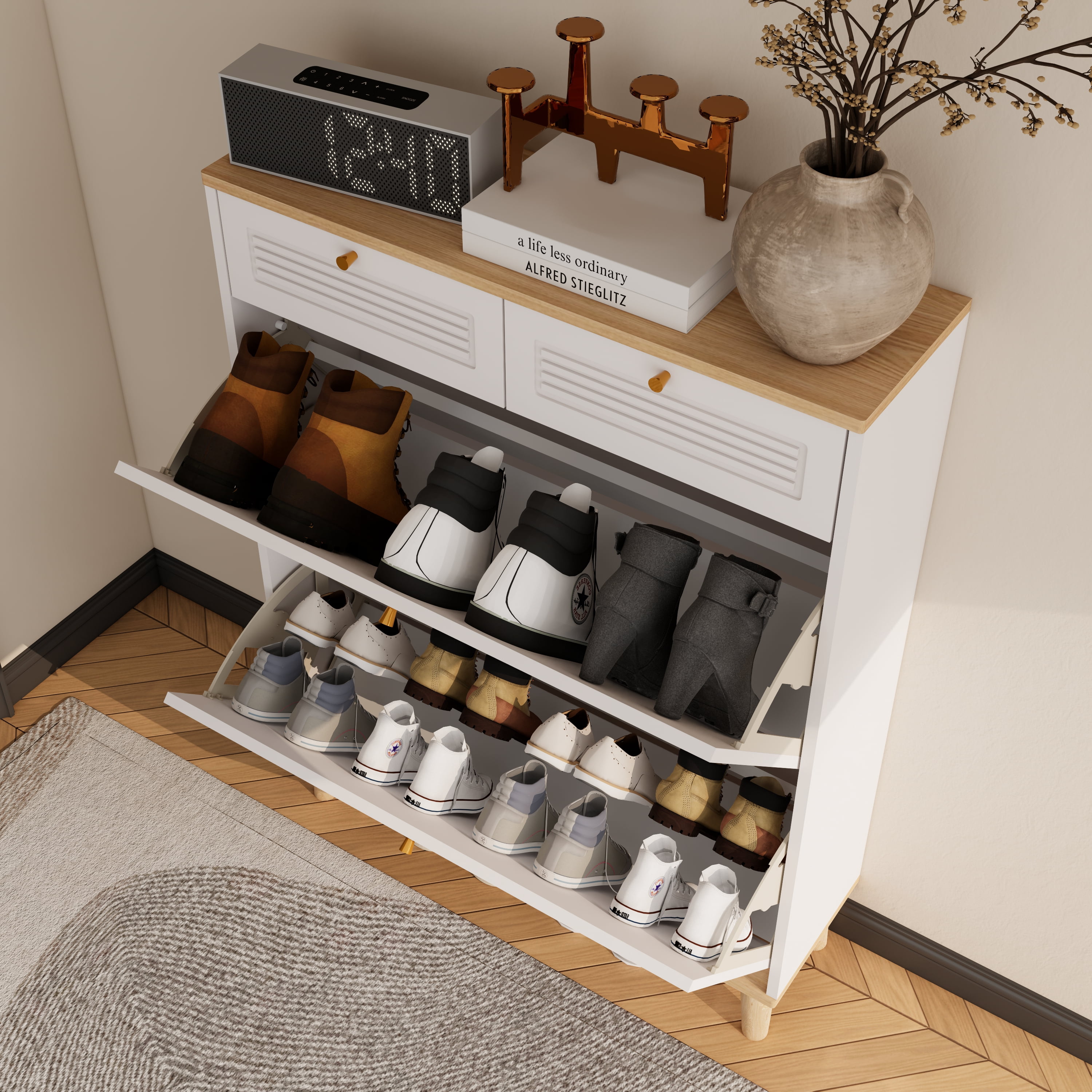 Miniyam Shoe Cabinet, Flip Down Shoe Rack with Drawers for Entryway, White