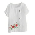 thumbnail image 4 of Cavosen Short Sleeve Shirts for Women Plus Size Artificial Cotton Linen Floral Print Button Summer Blouse Crewneck Comfy Casual Dressy Tops Lightweight Beach Tees White 3XL, 4 of 4