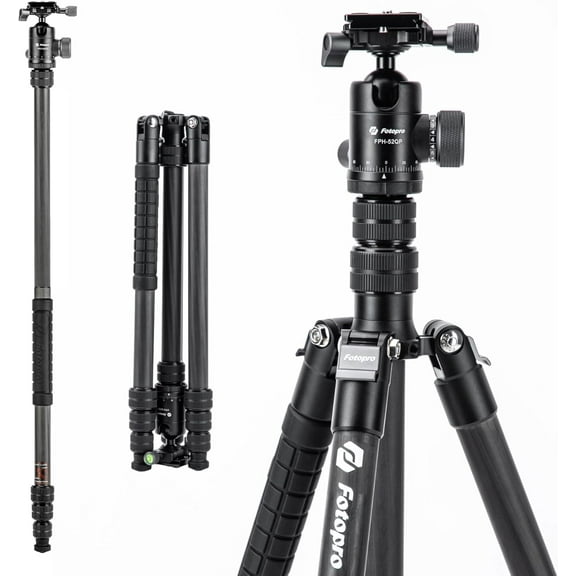Fotopro 73" Carbon Fiber Tripod for Camera, Compact Travel Tripod with Ball Head, Detachable Monopod with QR Plate, Inverted Center Column, Max Load 10kg/22lbs, X-Go Plus E 2