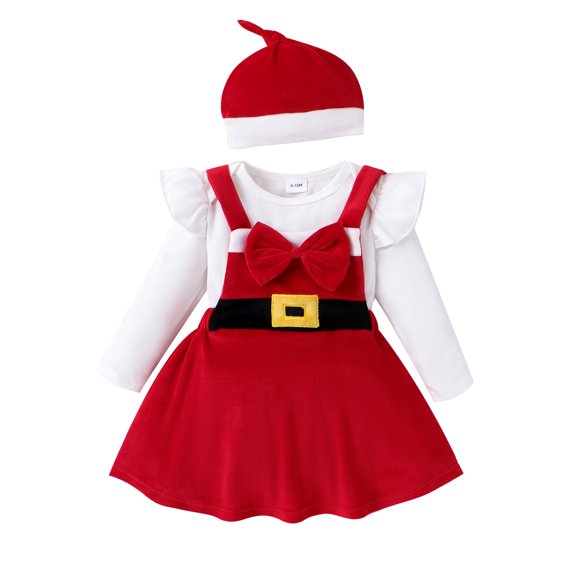 Gupgi 2pcs Baby Girl Christmas Outfits Infant Long Sleeve Romper Red Velvet Suspender Skirt Knotted Hat