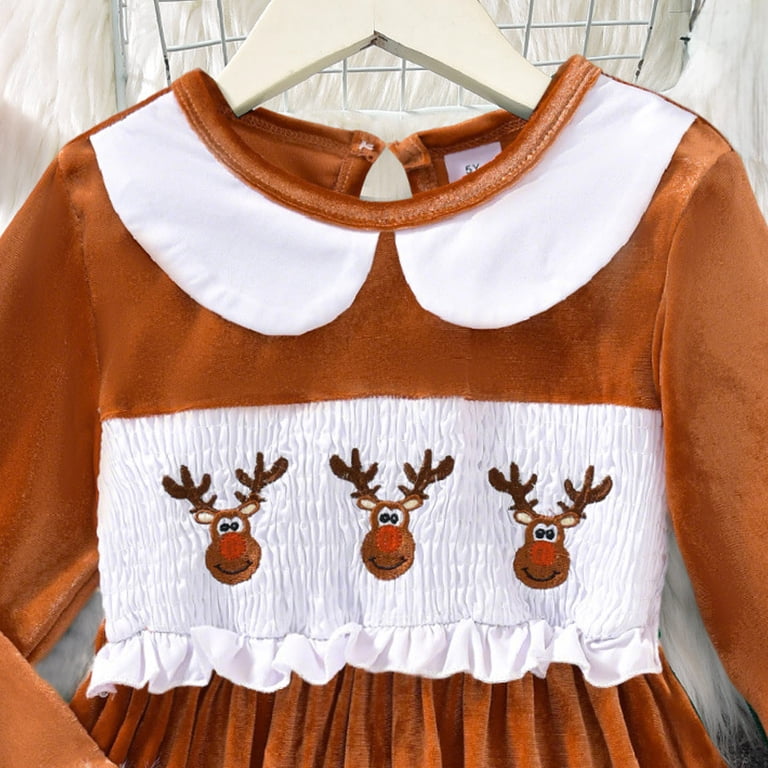 mgoYE Toddler Infant Baby Girl Christmas Outfit Doll Collar Embroidery Smocked Dress Fall Xmas Outfit(Brown,12-18 Months)