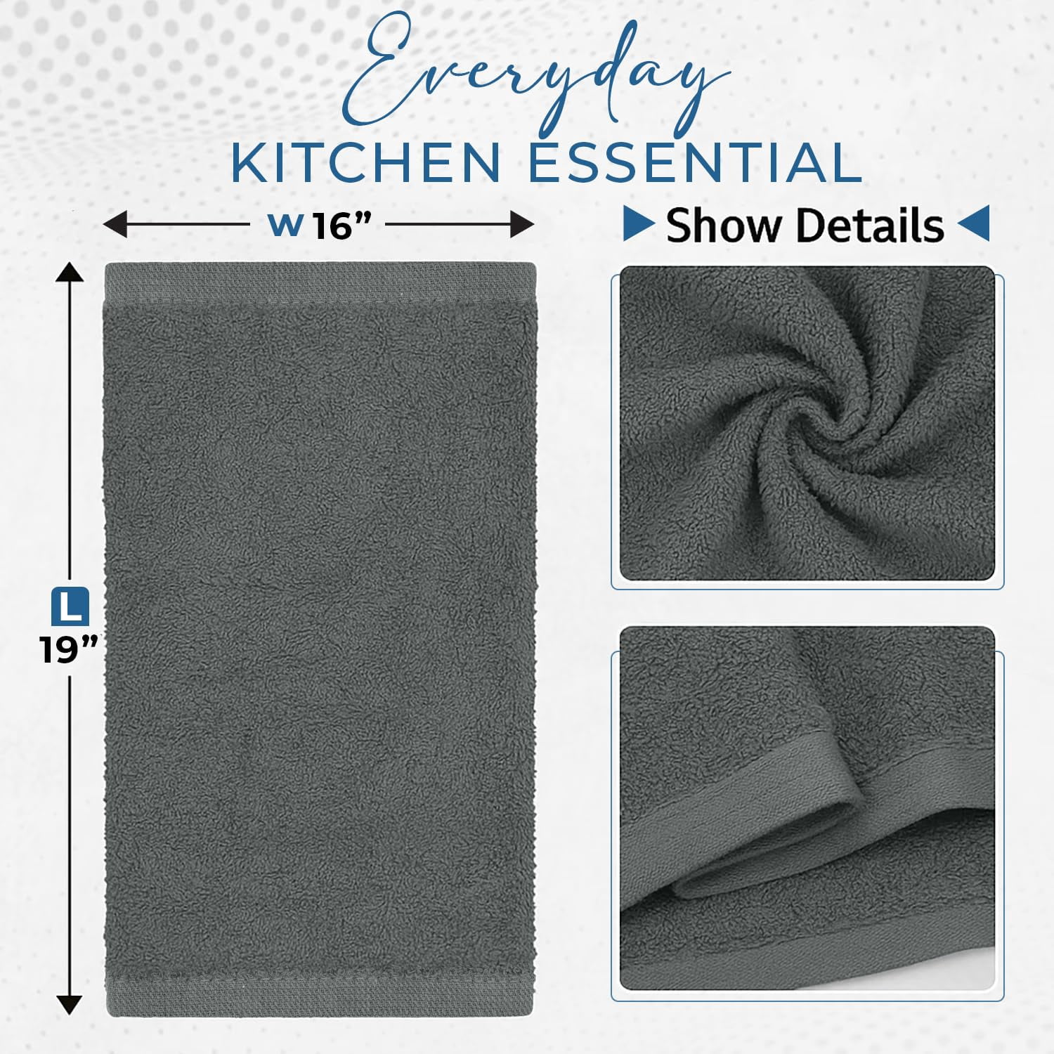 Dan River Bulk Cotton Bar Mop Kitchen Towels, Super Absorbent, Reusable Cleaning Cloths, Gray, 16x19 in (Pack of 12)