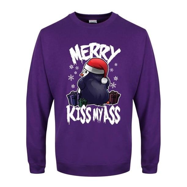 Psycho Penguin - Jersey Navideño Grosero Merry Kiss My Ass para Hombre (Púrpura)