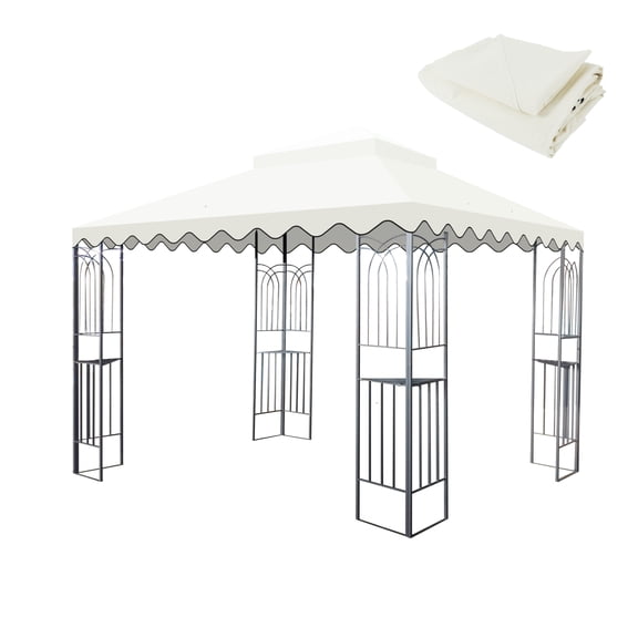 10x10 Ft Outdoor Patio Gazebo Replacement Canopy Double Tiered Roof Top Cover with Wavy Border Beige (Frame Not Included)