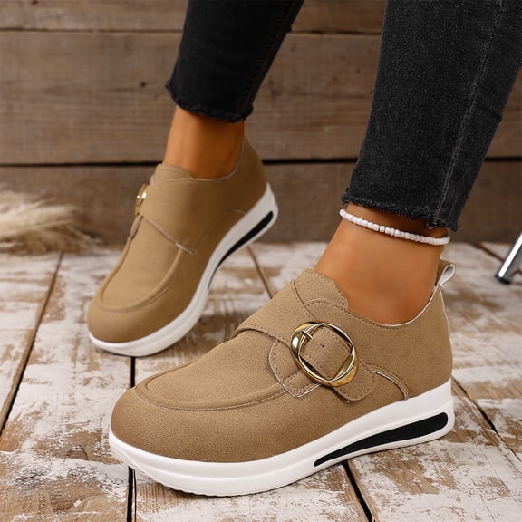 Willtoo Orthopedic Walking Shoes for Women Comfortable Round-Toe Wedge Heels with Metal Buckle Non-Slip Arch Support Slip on Shoes Orthopedic Breathable Walking Sneaker