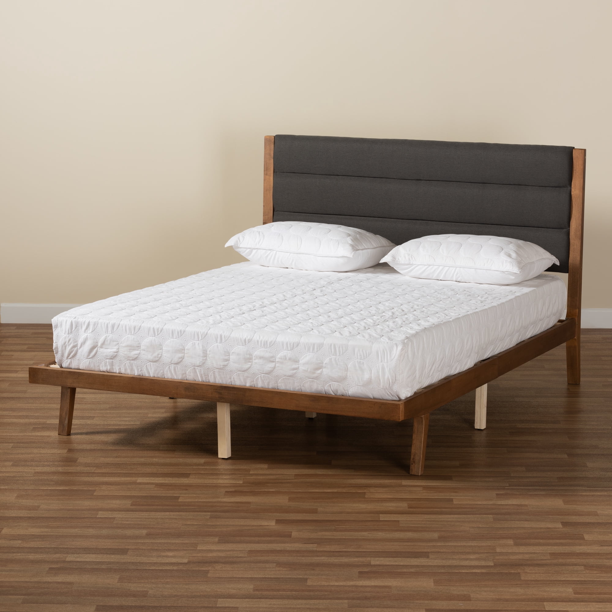 Baxton Studio Jarlan Modern and Contemporary Transitional Charcoal Fabric Upholstered and Walnut Brown Finished Wood King Size Platform Bed